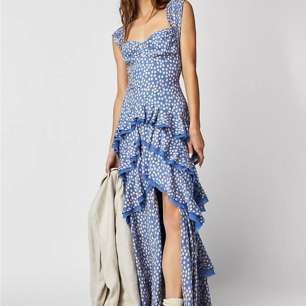 Free People Blue Polka Dot Ruffled Maxi Dress